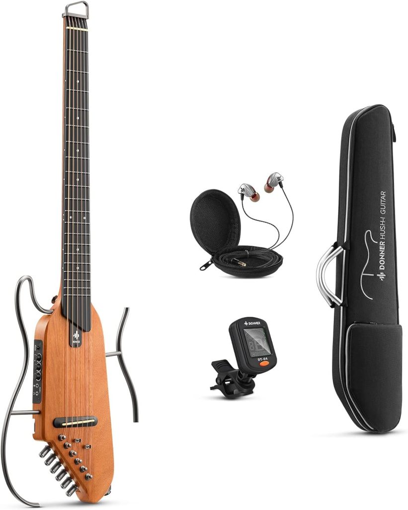 Donner HUSH-I Guitar For Travel - Portable Ultra-Light and Quiet Performance Headless Acoustic-Electric Guitar, Mahogany Body with Removable Frames, Gig Bag, and Accessories Natural