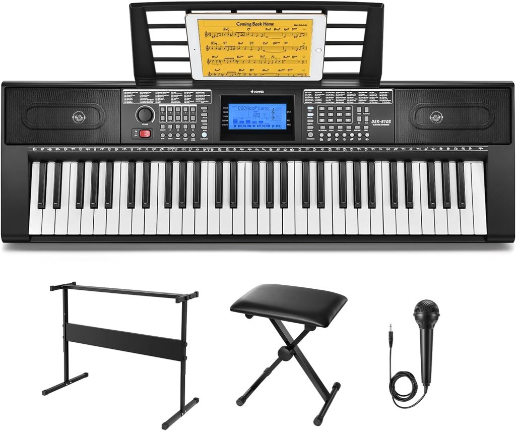 Donner Keyboard Piano 61 Key, Electric Keyboard Kit with 249 Voices, 249 Rhythms - Includes Piano Stand, Stool, Microphone, Gift for Beginners, Black (DEK-610S)