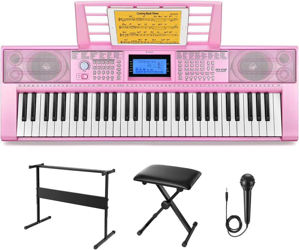 Donner Keyboard Piano 61 Key, Electric Keyboard Kit with 249 Voices, 249 Rhythms - Includes Piano Stand, Stool, Microphone, Gift for Beginners, Pink(DEK-610S)