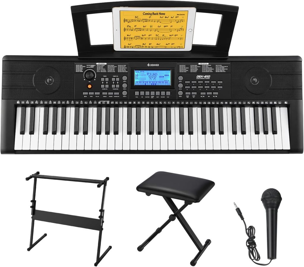 Donner Keyboard Piano, 61 Key Piano Keyboard, Full Size Electric Piano with Piano Stand, Stool, Microphone and Piano Course App, Supports MP3/USB MIDI/Audio/Microphone/Headphones/Sustain Pedal