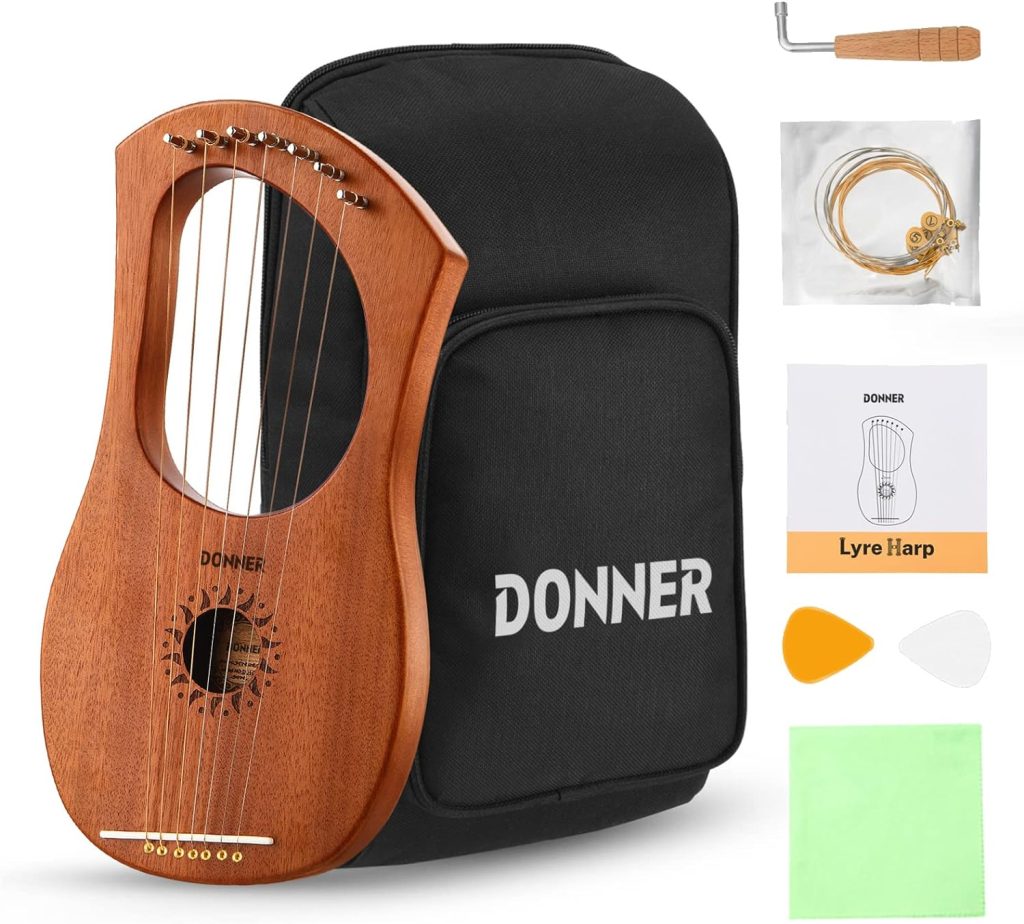Donner Lyre Harp, 7 Metal Strings, Mahogany Body and Bone Saddle DLH-001 Lyre Harp for Beginner Kids with Tuning Wrench, Spare String Set, Black Gig Bag, Manual, Ancient Greece Style