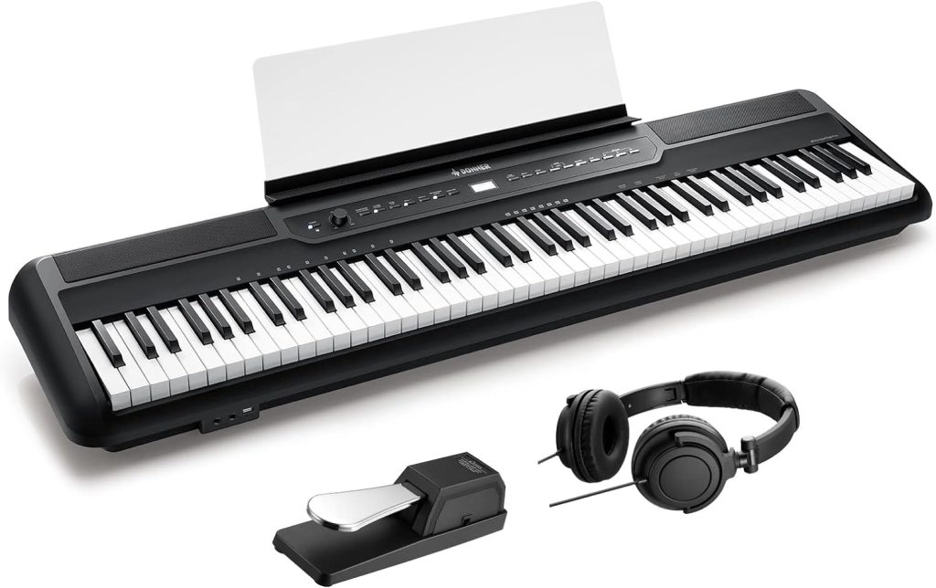 Donner SE-1 88 Key Digital Piano with Graded Hammer Action Weighted Keys, Record, Bluetooth, 4 Reverb, LCD Screen, MIDI IN/OUT, MP3, 88 Key Weighted Keyboard Piano Bundle with Headphone, Sustain Pedal