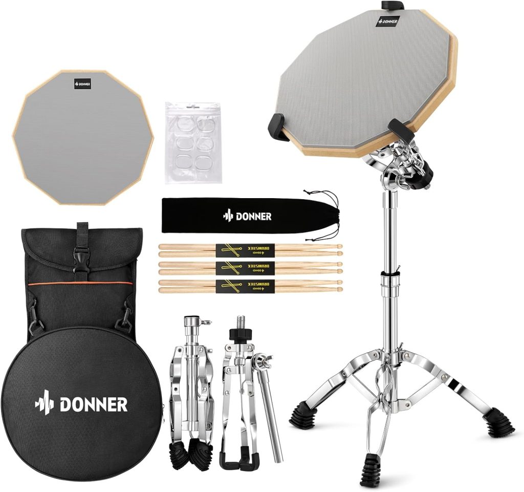 Donner Snare Drum Stand Set with Drum Practice Pad, 12 Double-sided Silent Drum Pad set, Drumsticks, Backpack Adjustable Stand Fits 10-14 Dia Drums