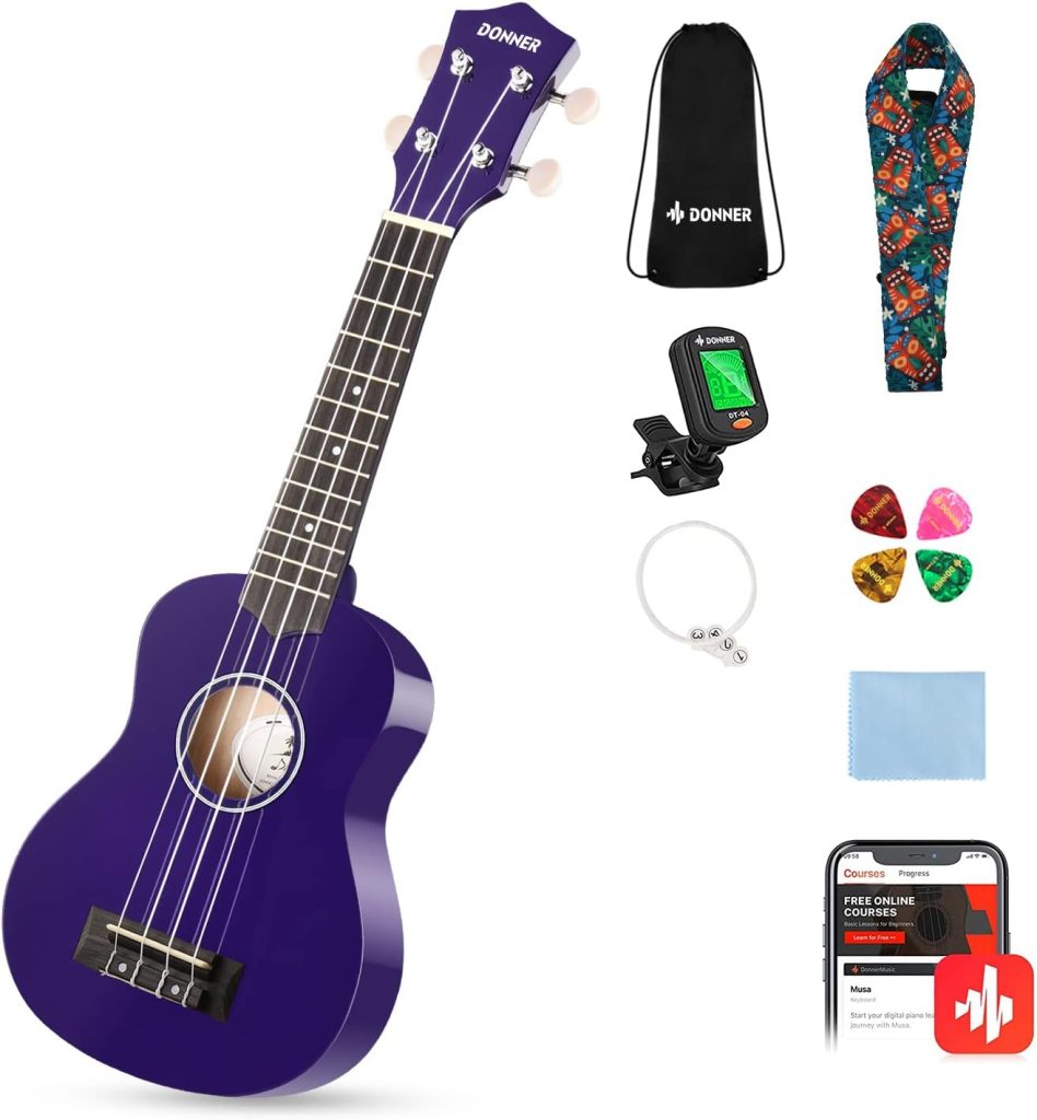 Donner Soprano Ukulele for Beginners 21 Inch Ukelele Starter Bundle Kit with Free Online Lessons Bag Strap String Tuner Picks Cloth Ukalalee Yukalalee (Purple)