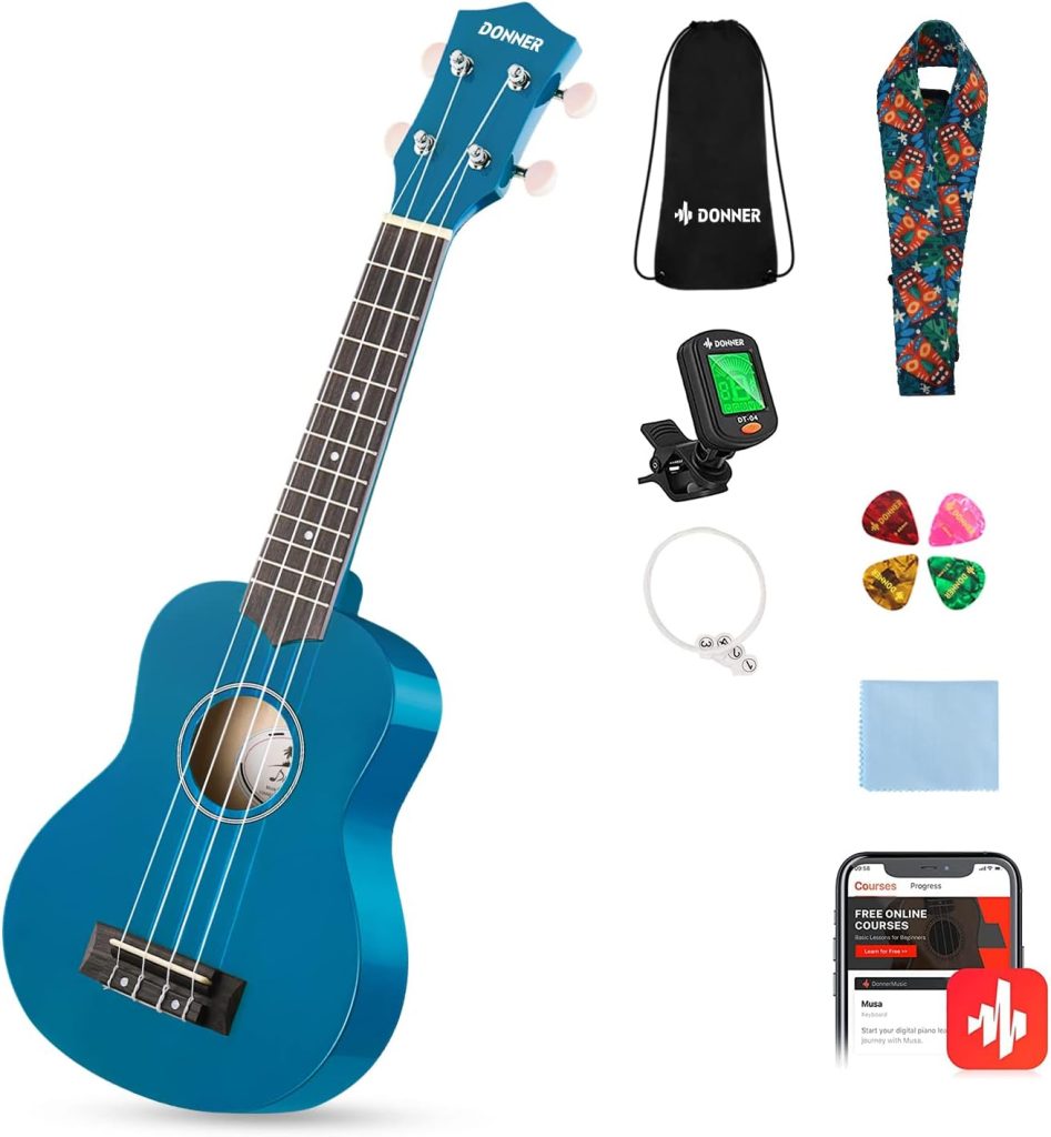 Donner Soprano Ukulele for Beginners 21 Inch Ukelele Starter Bundle Kit with Free Online Lessons Bag Strap String Tuner Picks Cloth Ukalalee Yukalalee (Blue)