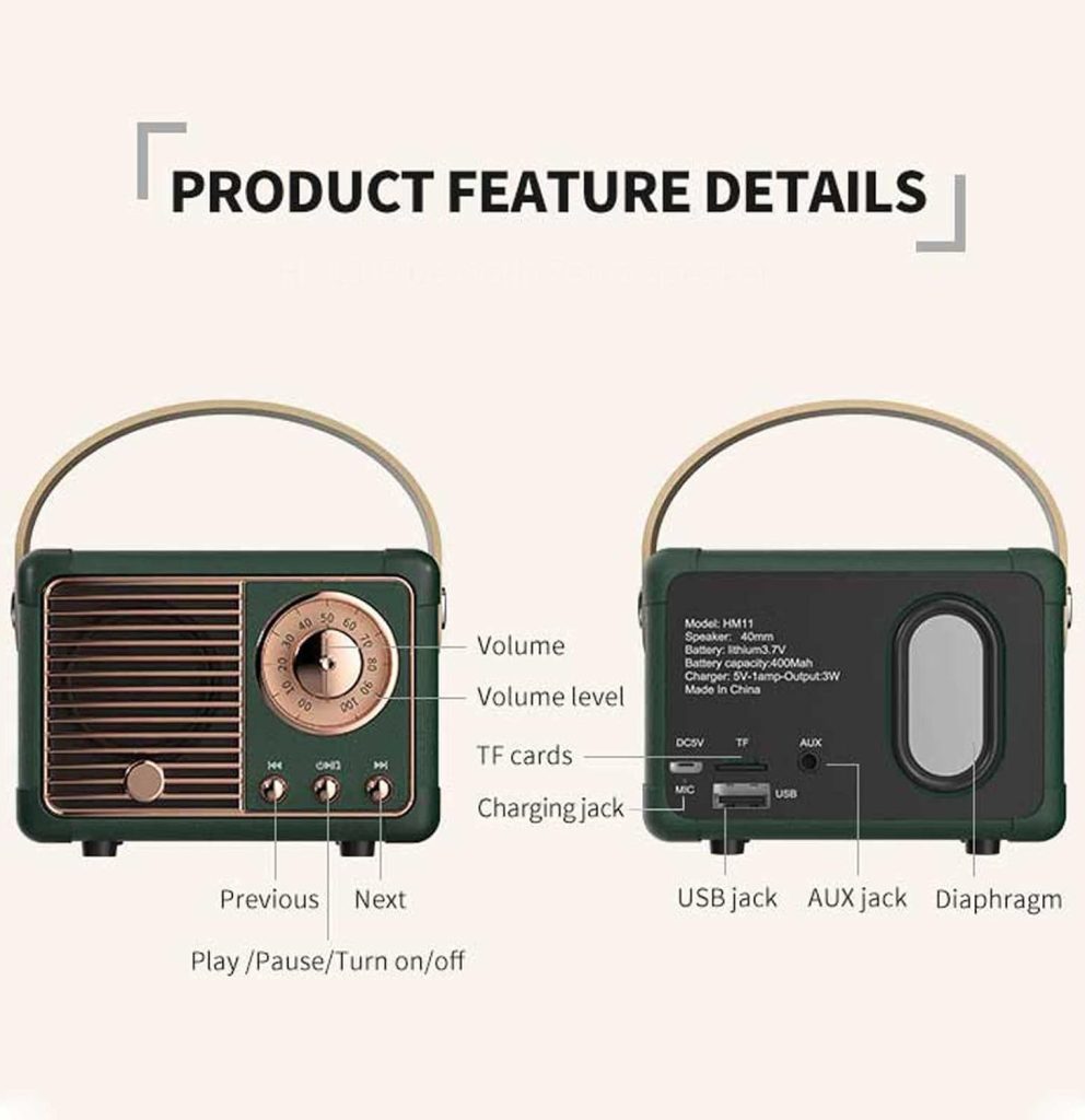 Dosmix Retro Bluetooth Speaker, Vintage Decor, Small Wireless Bluetooth Speaker, Cute Old Fashion Style for Kitchen Desk Bedroom Office Party Outdoor Kawaii for Android/iOS Devices (Blue)