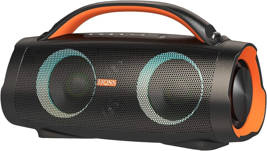 DOSS Extreme Boom+ IPX6 Waterproof Outdoor Speaker with 100W Massive Sound, Extra Bass, 20H Playtime, Built-in Power Bank, Mixed Color Light, Bluetooth Speaker for Camping, Beach, Outdoor-Orange