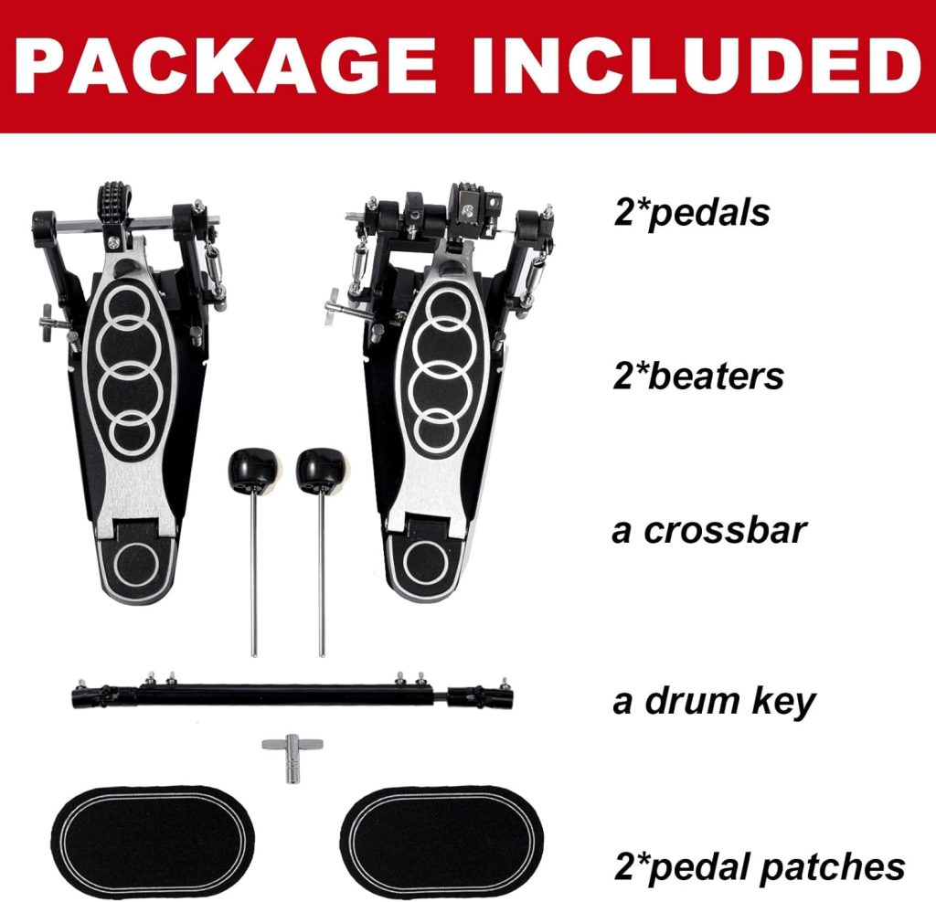 Double Bass Pedal, Double Chain Double Kick Drum Pedal with Bass Drum Patch 2Pcs, Double Bass Drum Pedals are Suitable for Drum Set and Electric Drum Set