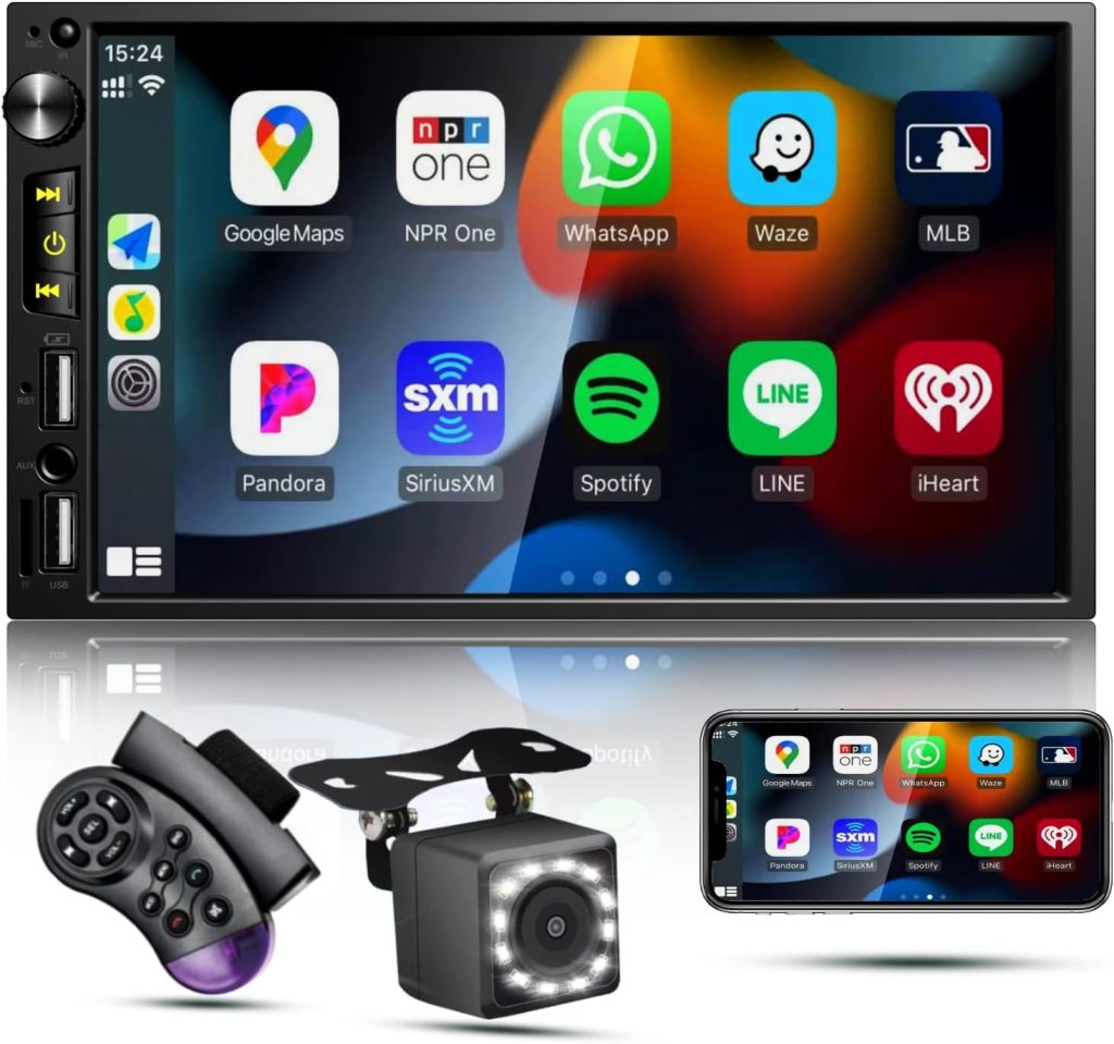 Double Din Car Stereo, Apple Carplay, 7‘’ 1024 * 600 Touch Screen, GPS Navigation, Bluetooth Car Radio, Mirror Link, Night Vision Backup Camera, BT Hand-Free Calling, FM Radio, USB/TF