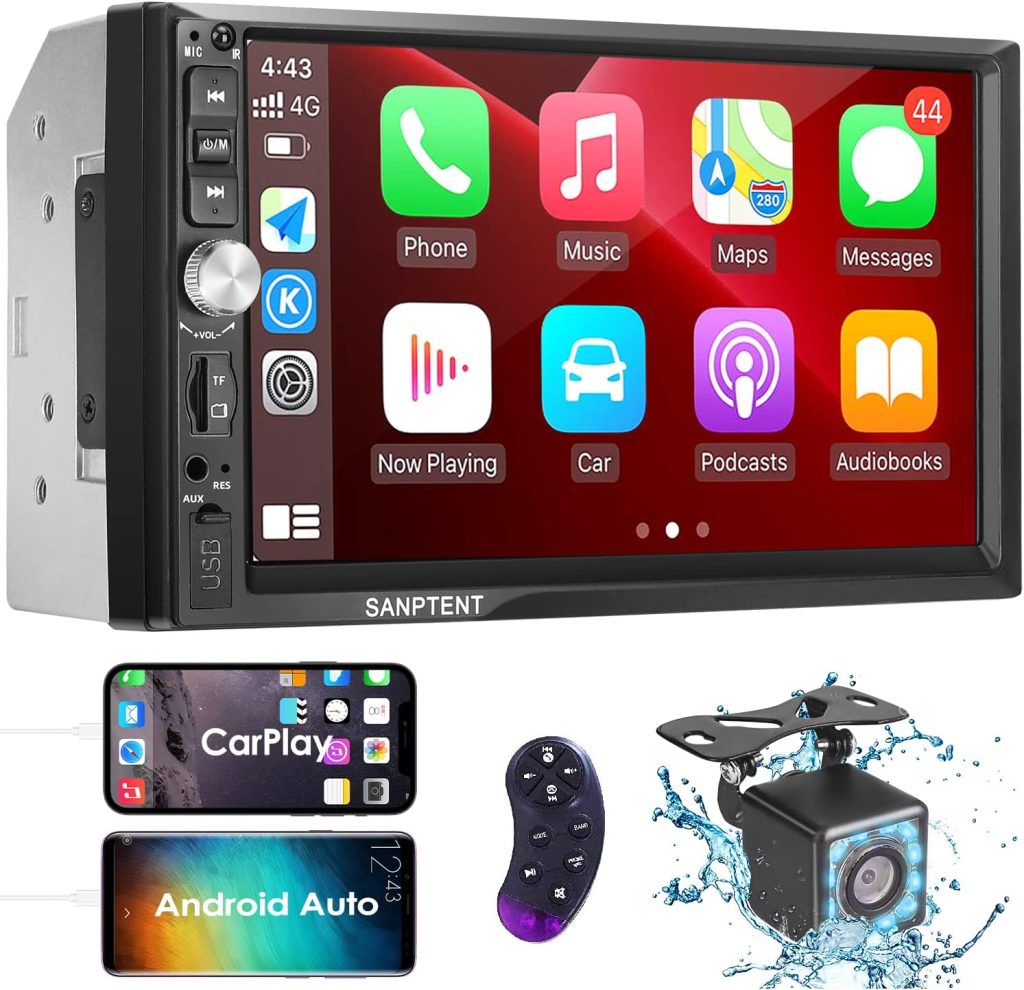 Double Din Car Stereo Radio Compatible with Apple Carplay and Android Auto, 7-Inch HD Touchscreen with Voice Control, Mirror Link, Backup Camera, Steering Wheel, Bluetooth, AM/FM, USB/TF/AUX Port