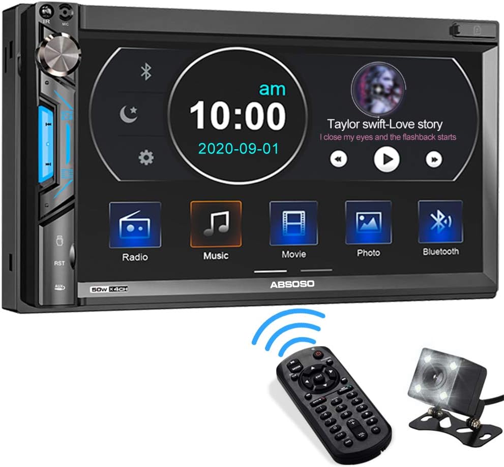 Double Din Car Stereo System - ABSOSO 7 Inch HD Touchscreen MP5 Car Player - Bluetooth Car Radio Receiver Supports PhoneLink Rear Front View Camera AM/FM USB/SD/AUX Input Steering Wheel Control