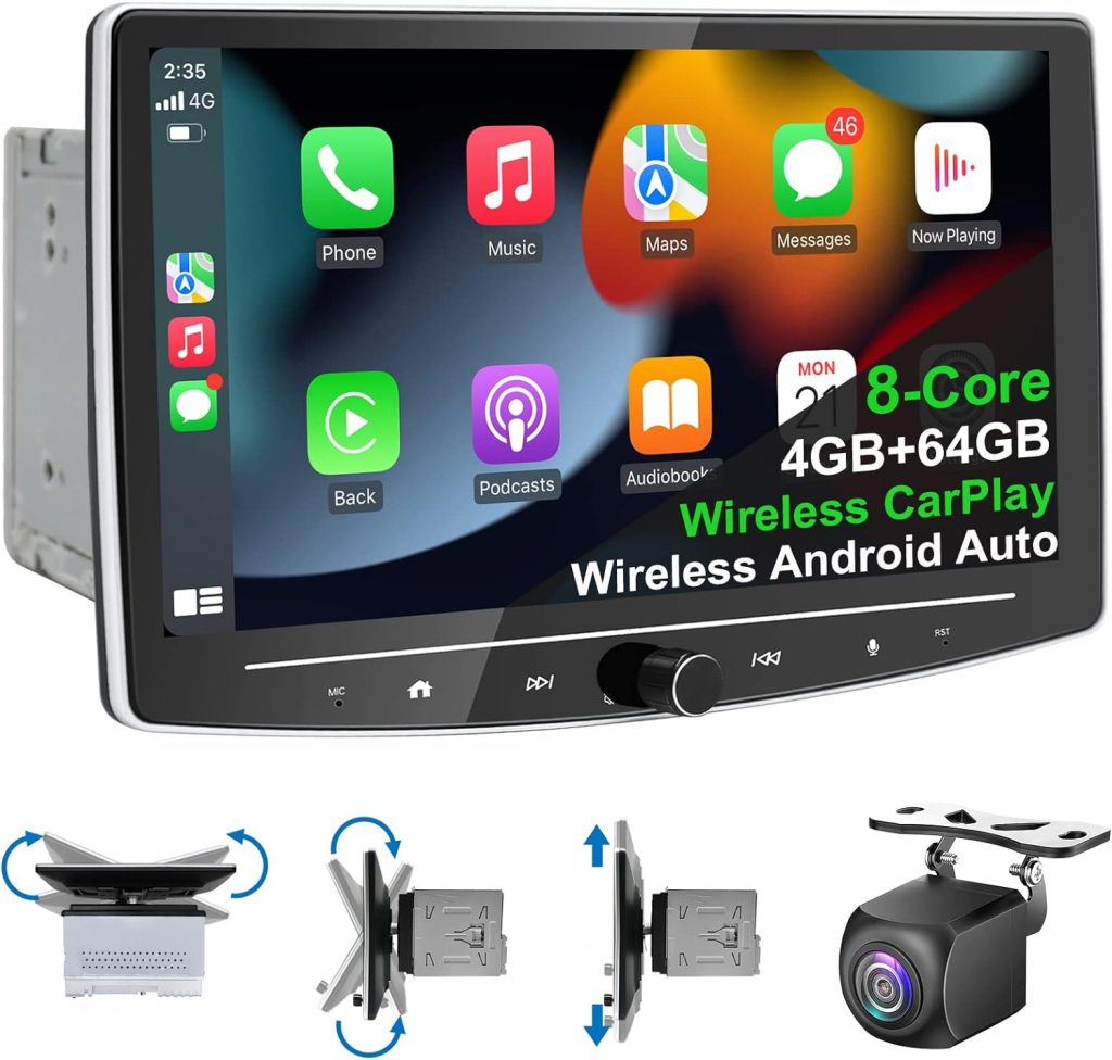 Double Din Car Stereo Wireless CarPlay Android Auto 4G+64G 8-Core Detachable 10 Inch Touchscreen Car Radio Dual Bluetooth AM FM GPS Navigation WiFi Car Audio Receiver with Backup Camera 2Din Head Unit