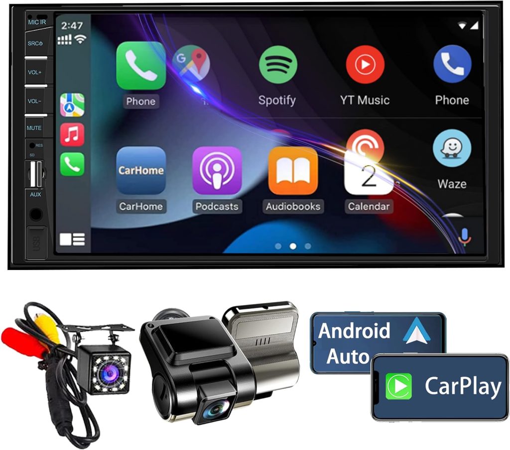Double Din Car Stereo with Dash Cam | 7INCH Touchscreen Car Radio Receiver Support with Apple Carplay  Android Auto, Bluetooth, Backup Camera, Mirror Link, Voice Control, SWC, FM/USB/TF/AUX