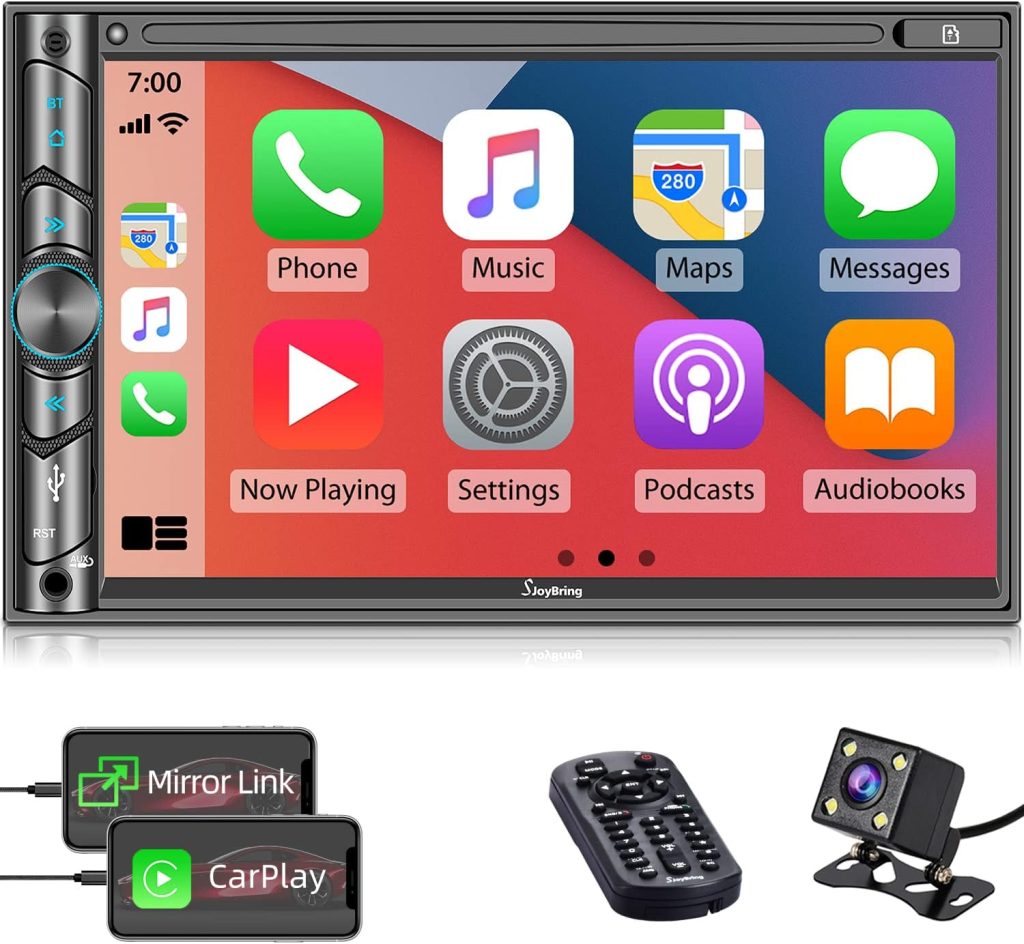 Double DIN CarPlay Multimedia Player, 7 HD Capacitive Touchscreen, Car Stereo with Backup Camera, Bluetooth, 16-Band EQ, Steering Wheel Controls, Mirror-Link, USB/SD Port, AM/FM Car Radio Receiver