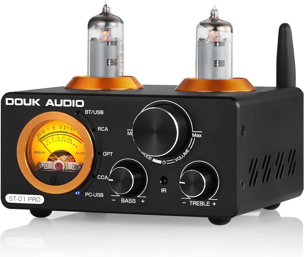 Douk Audio ST-01 PRO 200W Bluetooth Amplifier, 2 Channel Vacuum Tube Power Amp with USB DAC/Coaxial Optical Inputs/VU Meter/Treble Bass Control for Home Theater/Stereo Speakers (Upgrade Version)