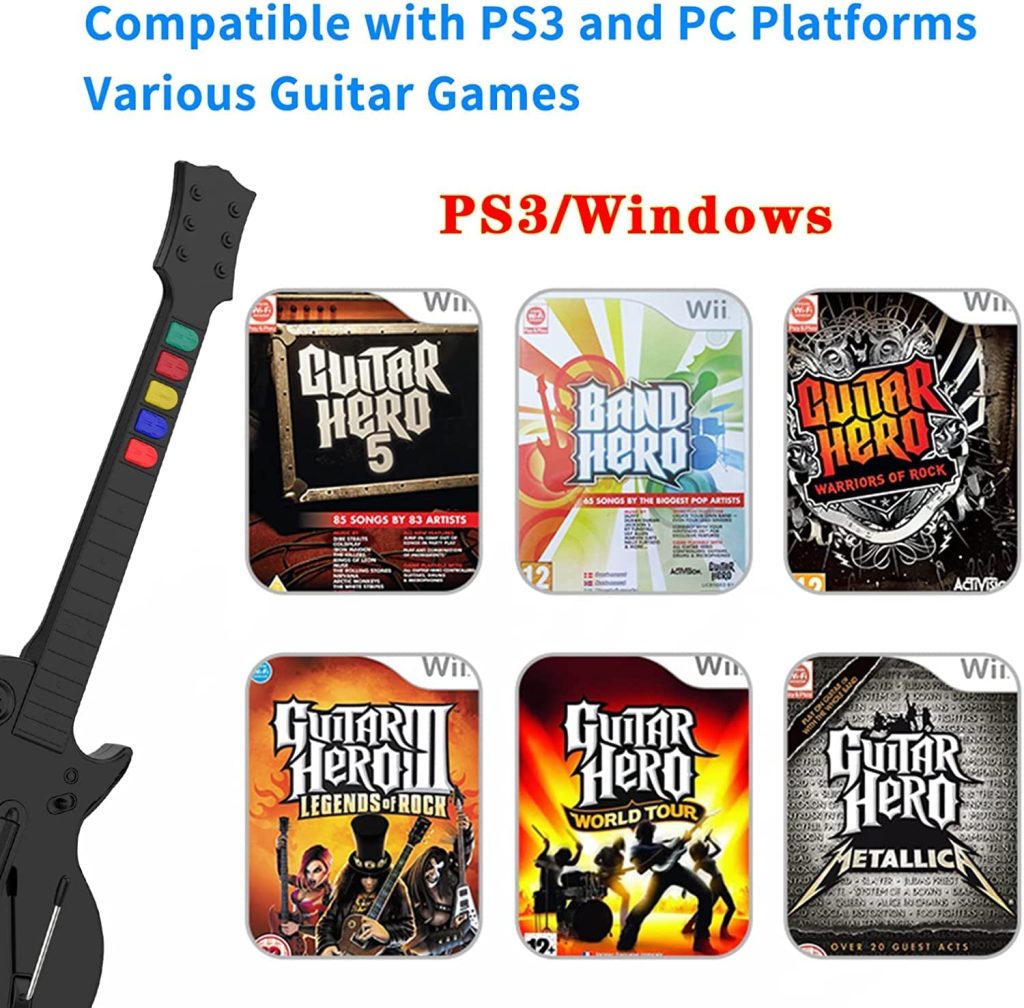 DOYO Guitar Hero Controller for PC and PS3, Wireless Guitar for Guitar Hero 3/4/5 and Rock Band 1/2 Games, Guitar Hero Guitar with strap (5 Keys/Black)