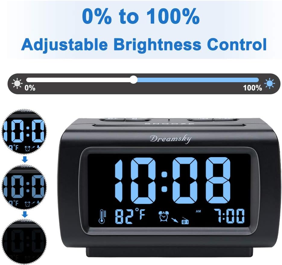 DreamSky Alarm Clock Radio for Bedroom - FM Radio Clock with Battery Backup, USB Charing Port, 1.2 Inch Bold Digit 0%-100% Dimmer, Adjustable Alarm Volume, Temperature, Snooze, Sleep Timer, 12/24H