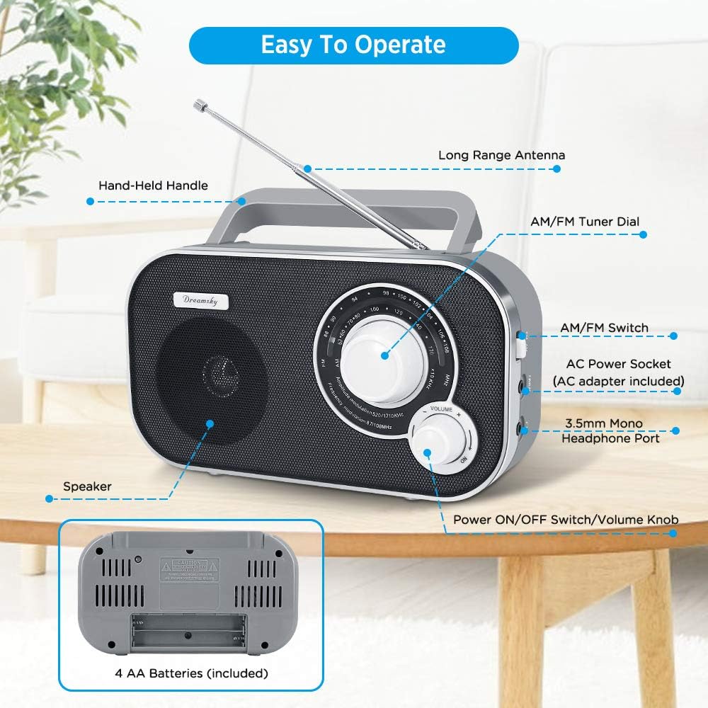 DreamSky AM FM Portable Radio Plug in Wall or Battery Operated for Home  Outdoor, Strong Reception, Large Dial Easy to Use, Transistor Antenna, Headphone Jack, Small Gifts for Seniors Elderly