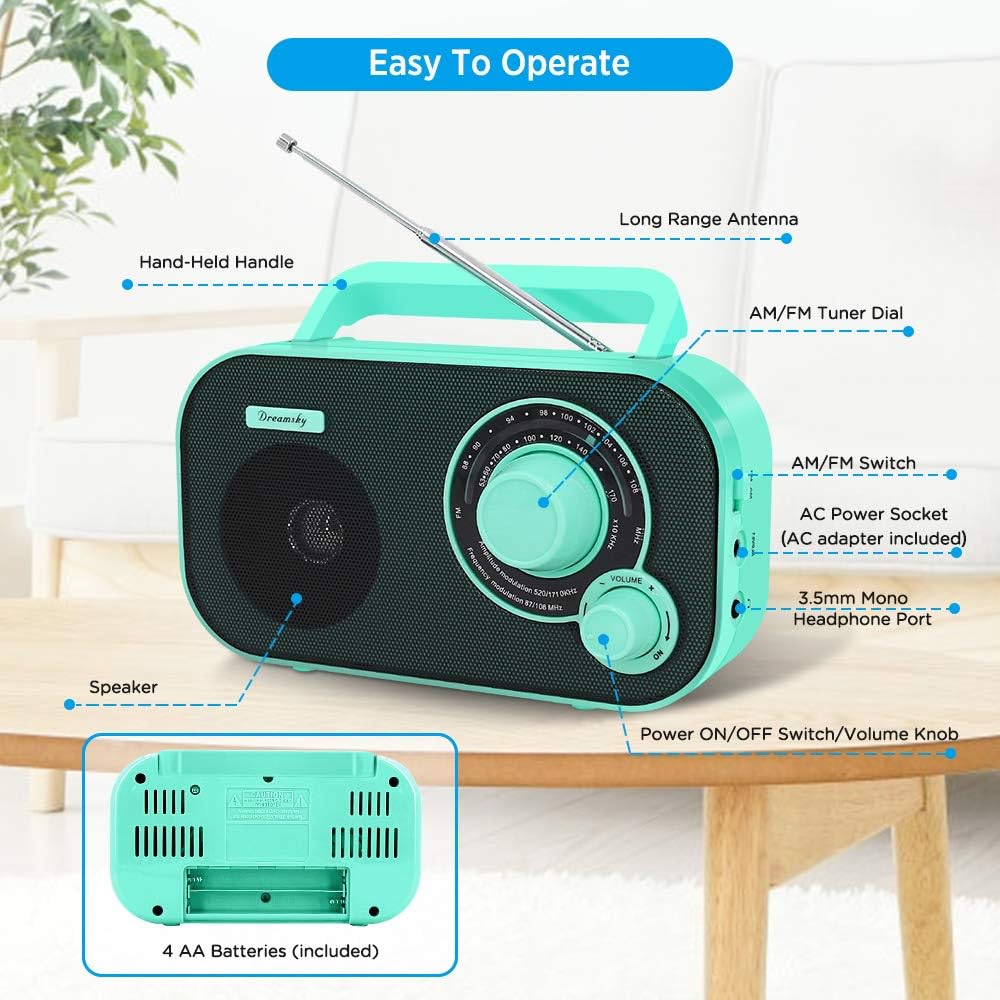 DreamSky AM FM Portable Radio Plug in Wall or Battery Operated for Home  Outdoor, Strong Reception, Large Dial Easy to Use, Transistor Antenna, Headphone Jack, Small Gifts for Seniors Elderly