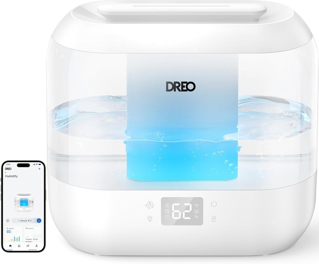 Dreo Smart Humidifier, Cool Mist Humidifiers for Bedroom, Quiet 4L Top Fill Ultrasonic Humidifiers for Home Office Plant  Baby with Nightlight, LED Display, 32H Runtime, APP/Voice Control, HM311S