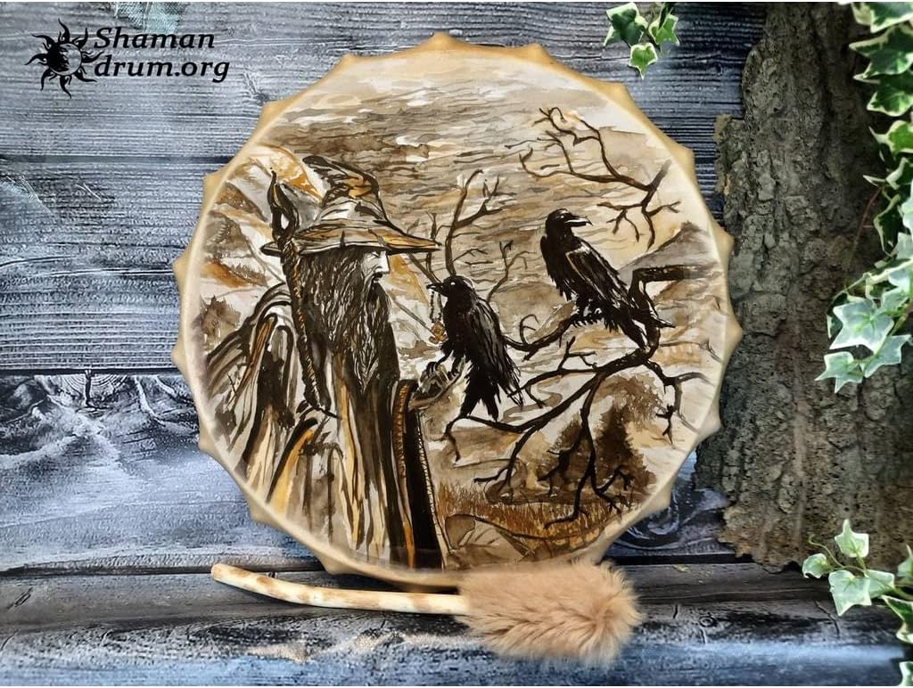 Drincoshow Shaman Drum Old Man and Crow Decorative Drum Festival Percussion Drum (A)