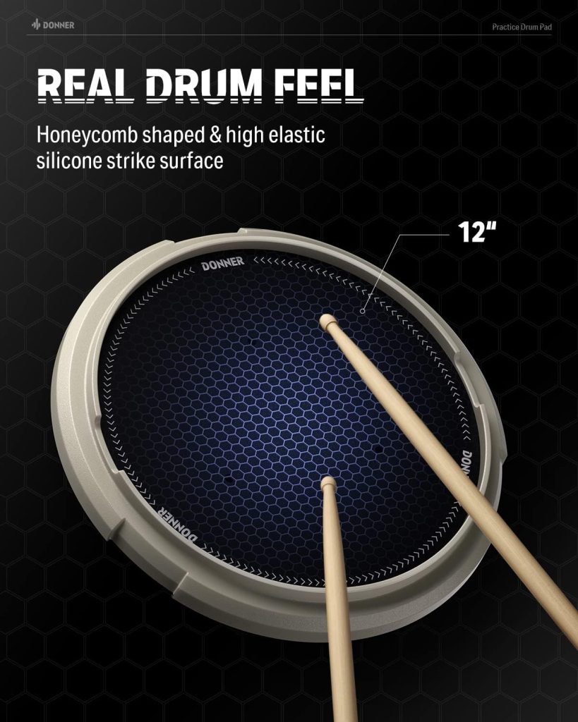 Drum Practice Pad 12 Inches, Donner Quiet Drum Pad with Removable Snare Simulation Built-in 800 Steel Balls, Drum Sticks, 40 Standard Rudiments(Black)