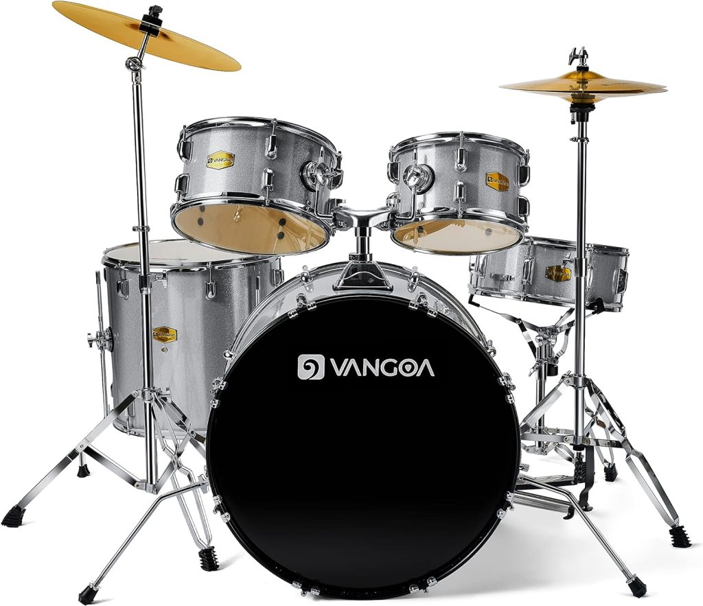 Drum Set Full Size, 5-Piece 22 Inch Student Drum Set for Adults Acoustic Drum Kit for Beginner Junior Teens with Cymbals Stands Stool Pedal and Sticks, Silver, by Vangoa