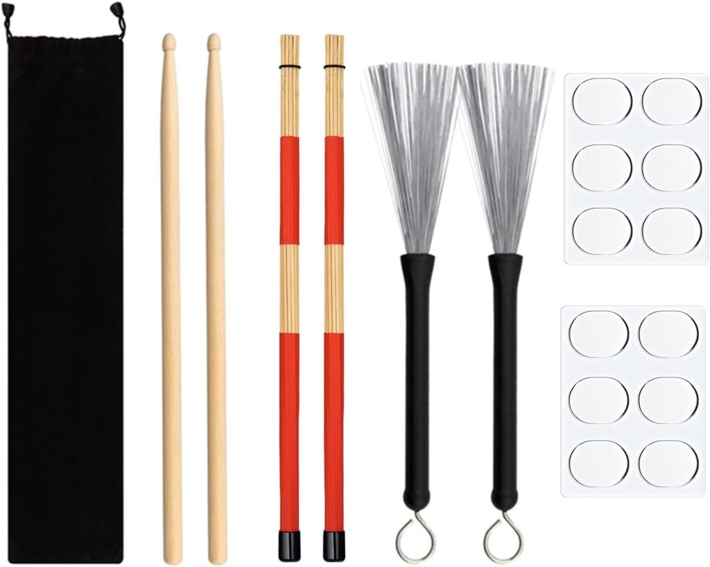 Drum Sticks Set, 5A Classic Maple Wood Drum Sticks, Drum Wire Brushes Retractable Drum Stick Brush, Rods Drum Brushes, 12 PCS Drum Dampeners, Storage Bag for Rock Band, Jazz Folk, Students