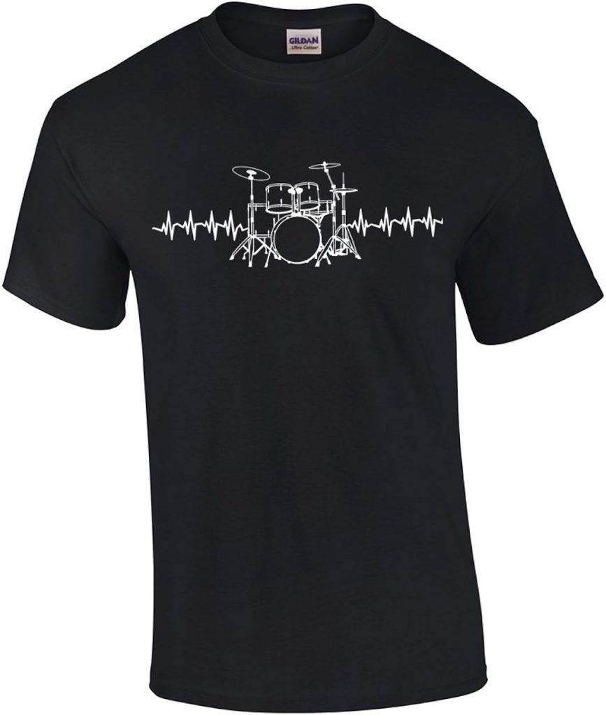 Drummer Tee Shirt Drumset with Heart Pulse Black