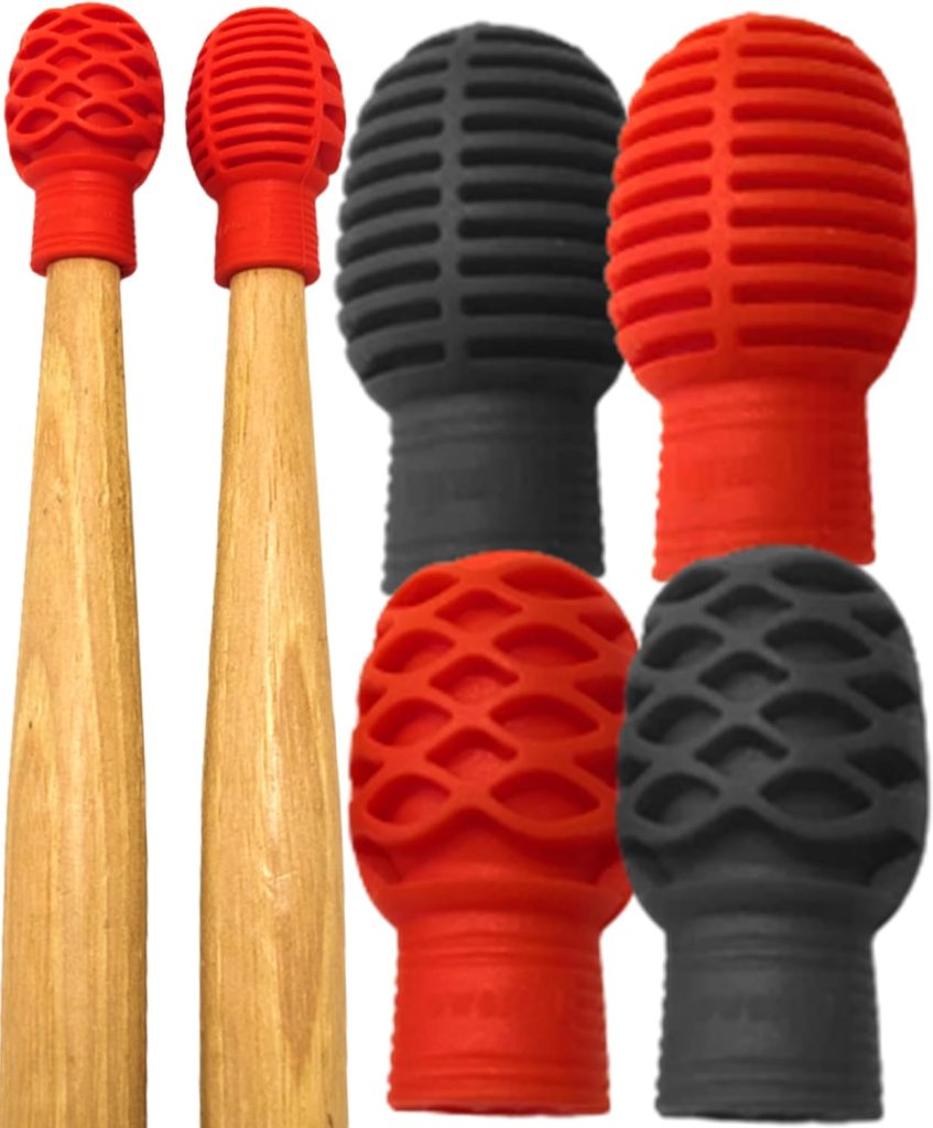 Drumstick Dampeners for Portable Drum Practice - Replaces Your Drum Practice Pad - Silicone Drumstick Tips Mute Clacking Sound from Sticks on Solid Surfaces - 4 Pack