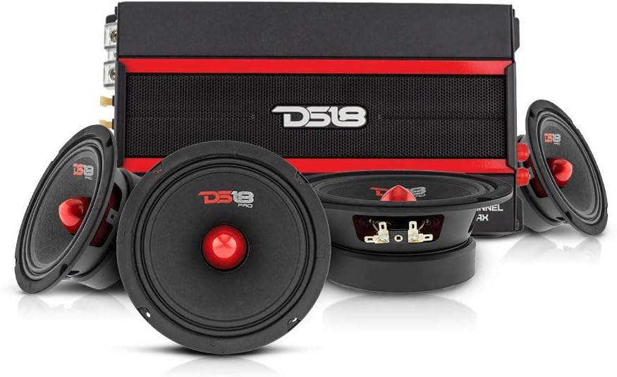 DS18 Car Audio Door Speaker Combo with Amplifier - 4 x 6.5 4-Ohm Bullet Midrange Speakers PRO-GM6.4B with 4 Channel Class D Amplifier CANDY-X4B - Compact Mini Amplifier with Premium Quality Speakers