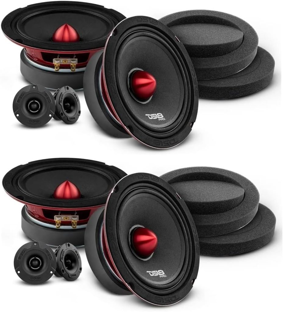 DS18 Car Audio Mid and High Complete Speaker/Tweeter Package with Foam Fast Rings Soundproof Sponge - Door Speakers for Car of Truck Stereo Radio Sound System - 4 Speakers, 4 Tweeters  2X Set Foams