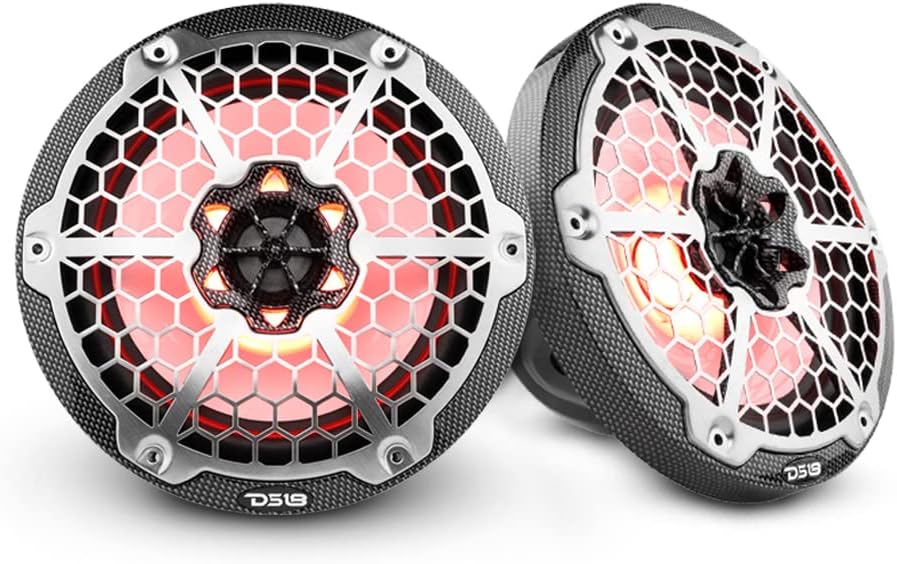 DS18 HYDRO CF-8M - High End Carbon Fibre Coaxial Speaker Pair - 2-Way Marine Speaker w/ Integrated RGB Lights - 450 Watt - 100% UV Stable - Water Resistant Speakers - 8 Inches