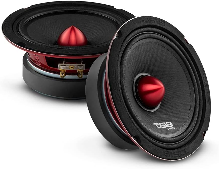 DS18 PRO-X6.4BM Loudspeaker - Pair of 6.5, Midrange, Red Aluminum Bullet, 500W Max, 250W RMS, 4 Ohms - Premium Quality Audio Door Speakers for Car or Truck Stereo Sound System (2 Speaker)