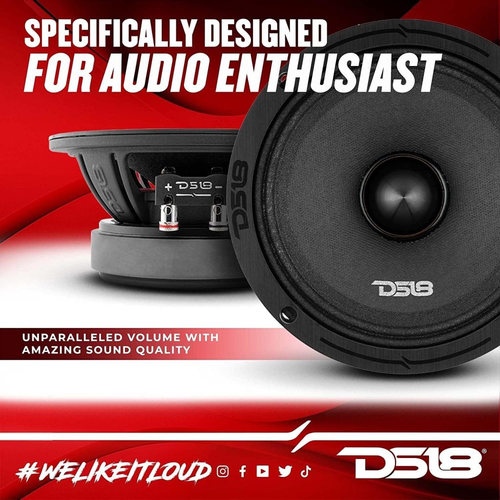 DS18 PRO-ZXI6.4BM 6.5 Pro Audio Midrange Loudspeaker with Bullet - 600W Max 300W RMS 4 Ohms - Premium Quality Audio Door Speakers for Car or Truck Stereo Sound System - 2 Speakers