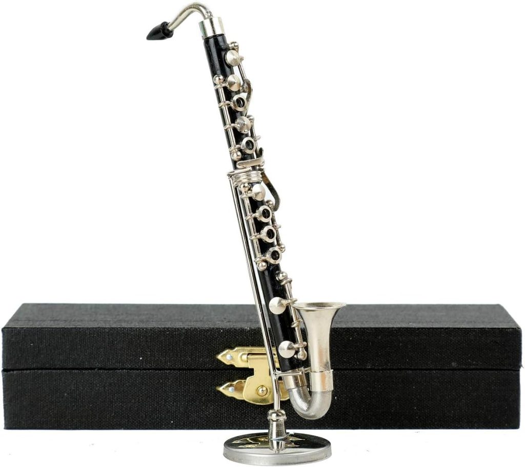 Dselvgvu Miniature Bass Clarinet with Stand and Case Mini Musical Instrument Mini Bass Clarinet Miniature Dollhouse Model Christmas Ornament (5.12)