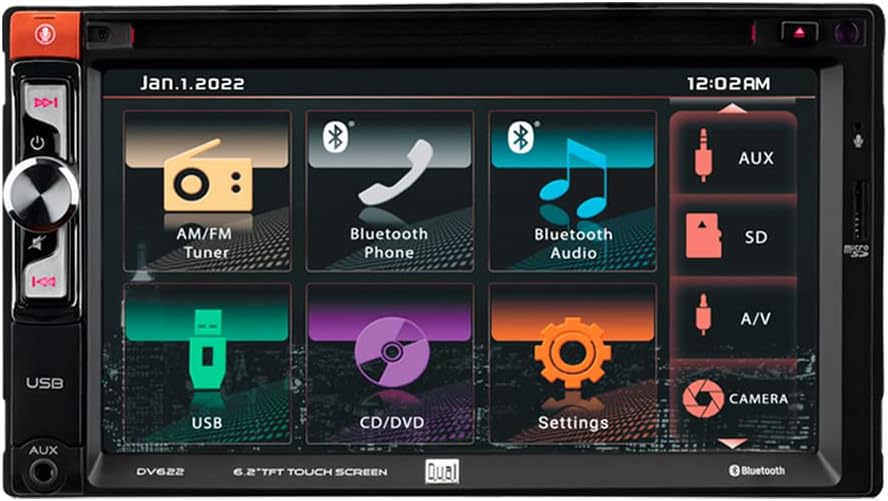 Dual Electronics DV622 6.2 Multimedia Touch Screen Double DIN Car Stereo Radio with CD DVD Player, Siri/Google Voice Assist, Bluetooth, USB and microSD Inputs