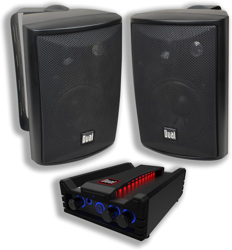 Dual Electronics LU43PB 3-Way High Performance Outdoor Indoor Speakers with Powerful Bass  Dual Electronics DBTMA100 Micro Wireless Bluetooth 2 Channel Stereo Class-D Amplifier