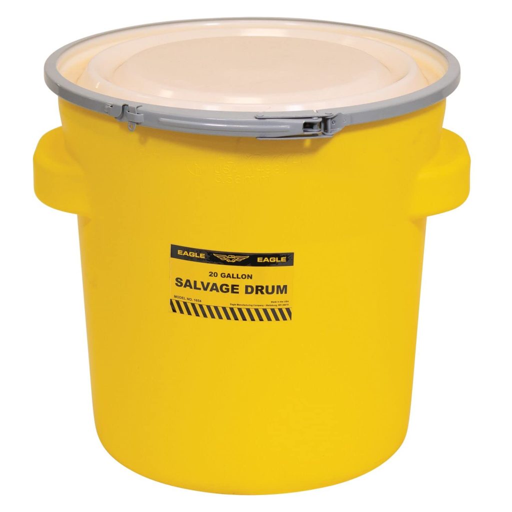 Eagle 20 Gallon Salvage Barrel Drum with Metal Ring Lever-Lock Lid, 21 Height, 21 Diameter, Blow-Molded HDPE, Yellow, 1654