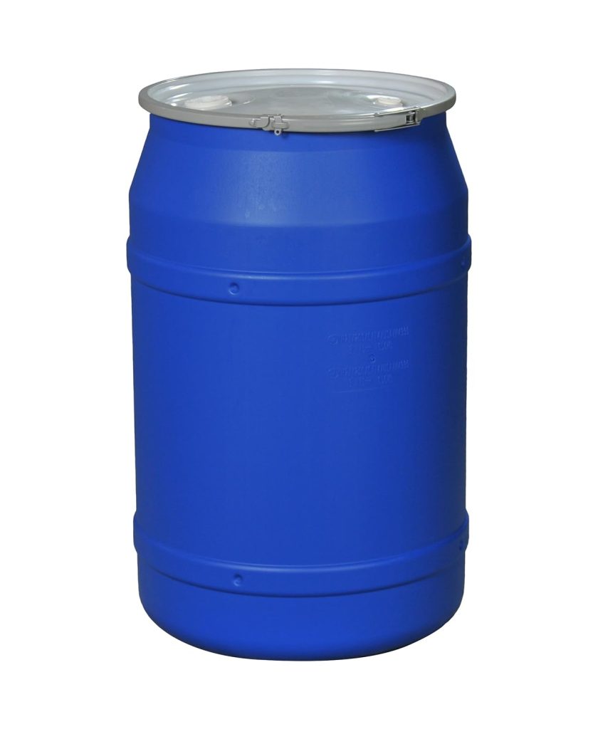 Eagle 55 Gallon Straight-Sided Barrel Drum with Metal Band and Plastic Lid with Bungs, Blue, X-Large, 1656MBBG