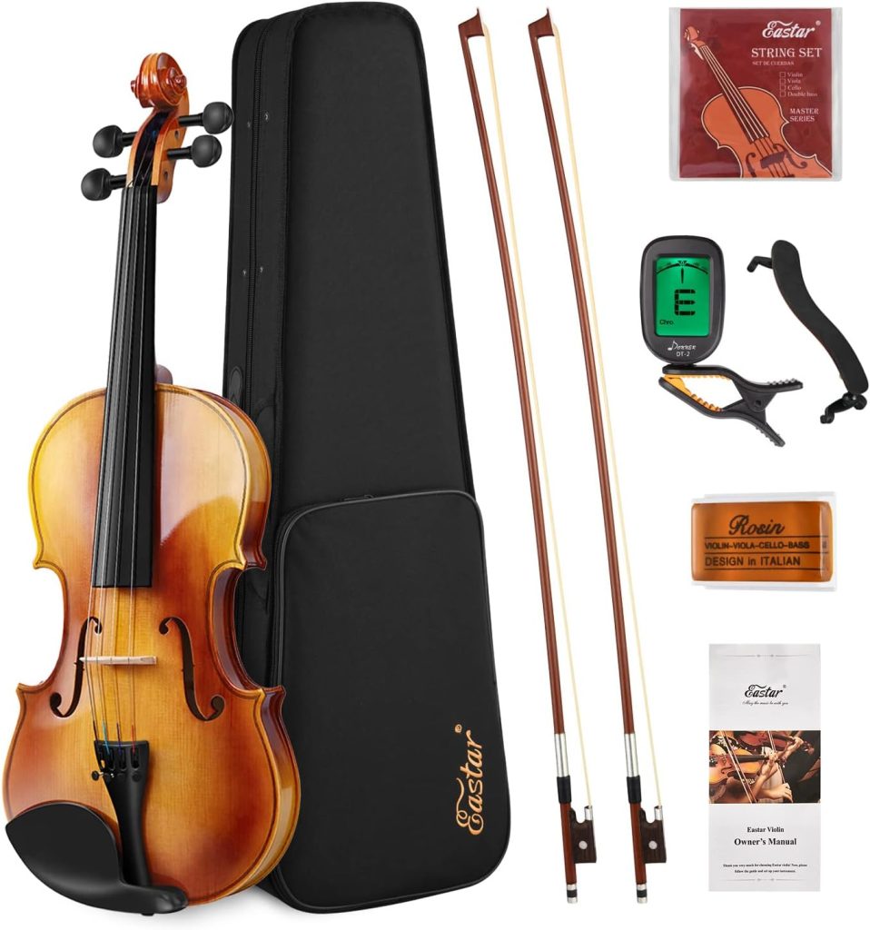 Eastar 4/4 Violin Set Full Size Fiddle Solidwood for Adults with Hard Case, Shoulder Rest, Rosin, Two Bows, Clip-on Tuner and Extra Strings, EVA-330