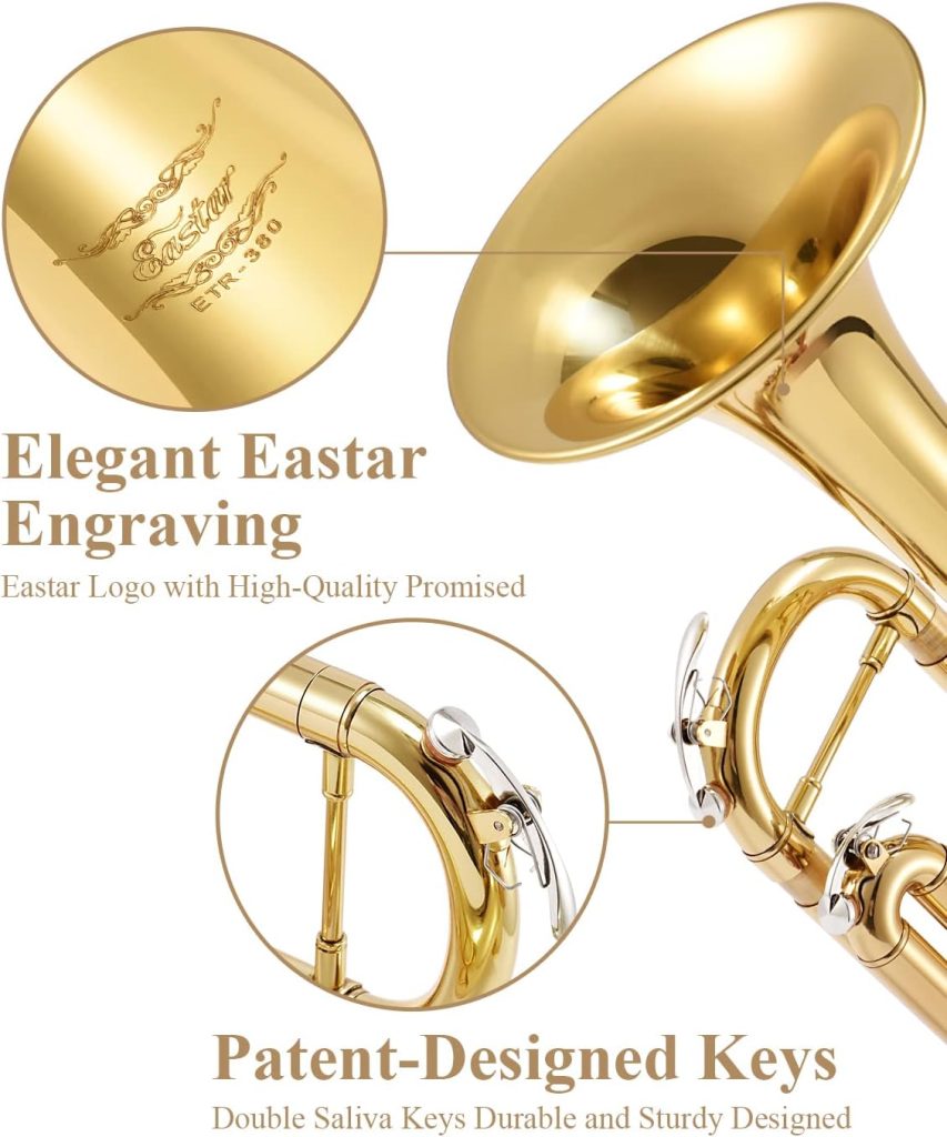 Eastar Bb Standard Trumpet Set for Beginner, Brass Student Trumpet Instrument with Hard Case, Cleaning Kit, 7C Mouthpiece and Gloves, ETR-380, Golden