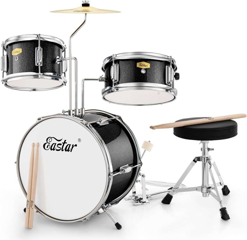 Eastar Drum Set for Kids Beginners - Junior 3 Piece Drum Kit, 14 Drums with Bass, Tom, Snare Drum, Adjustable Throne, Cymbal, Pedal  2 Pairs of Drumsticks (Metallic Black)