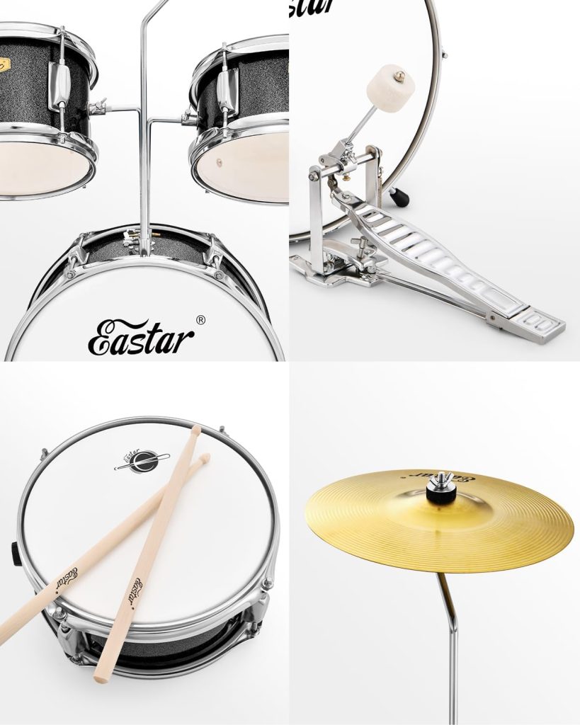 Eastar Drum Set for Kids Beginners - Junior 3 Piece Drum Kit, 14 Drums with Bass, Tom, Snare Drum, Adjustable Throne, Cymbal, Pedal  2 Pairs of Drumsticks (Metallic Black)