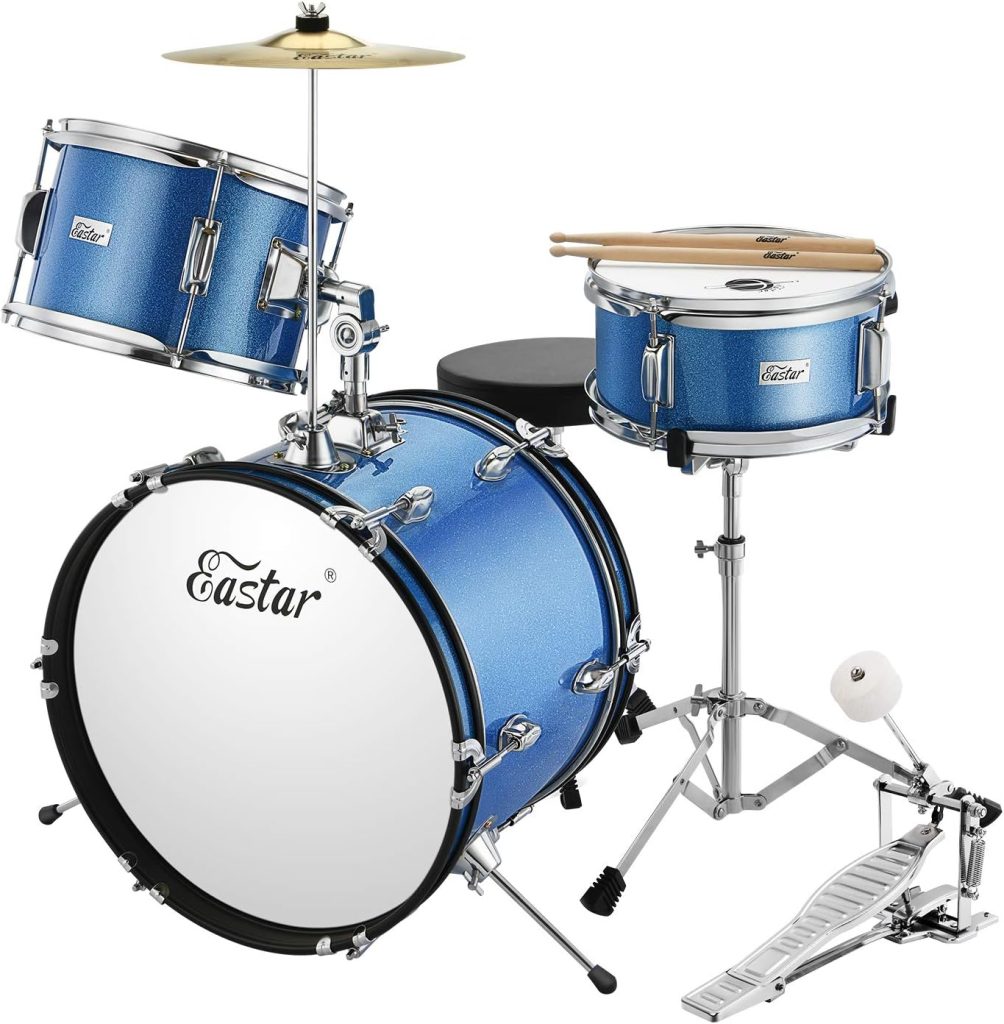 Eastar Kids Drum Set 16 inch 3-Piece, Junior Drum Set Kit with Throne, Cymbal, Pedal  Drumsticks,Metallic Blue (EDS-280Bu)