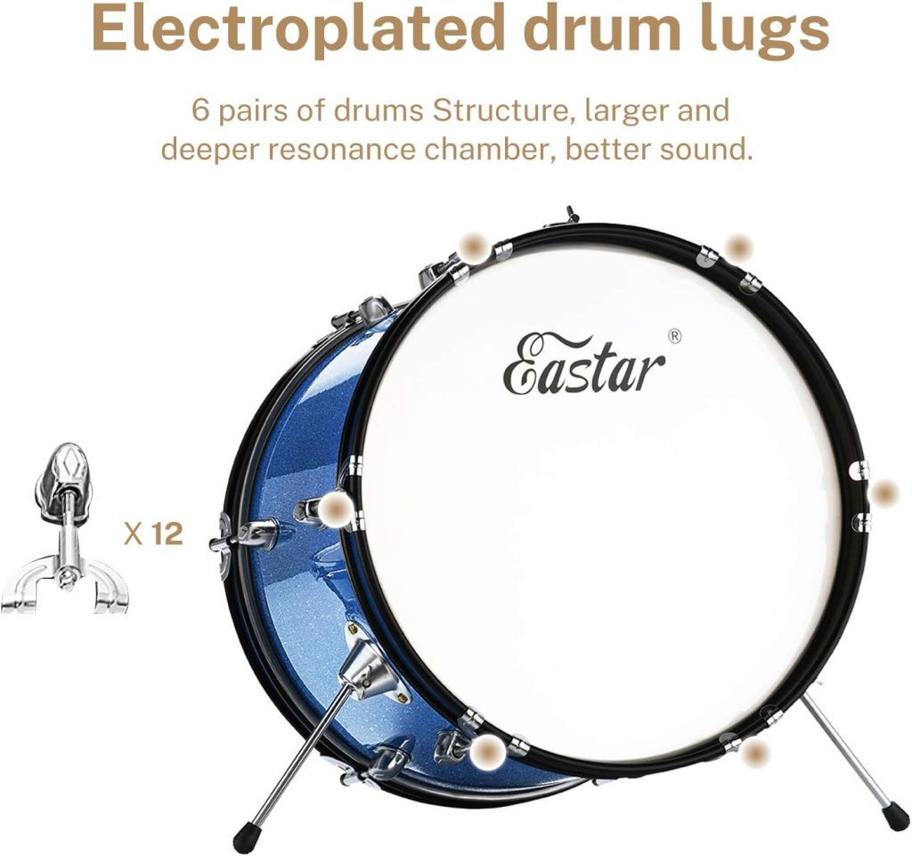 Eastar Kids Drum Set 16 inch 3-Piece, Junior Drum Set Kit with Throne, Cymbal, Pedal  Drumsticks,Metallic Blue (EDS-280Bu)