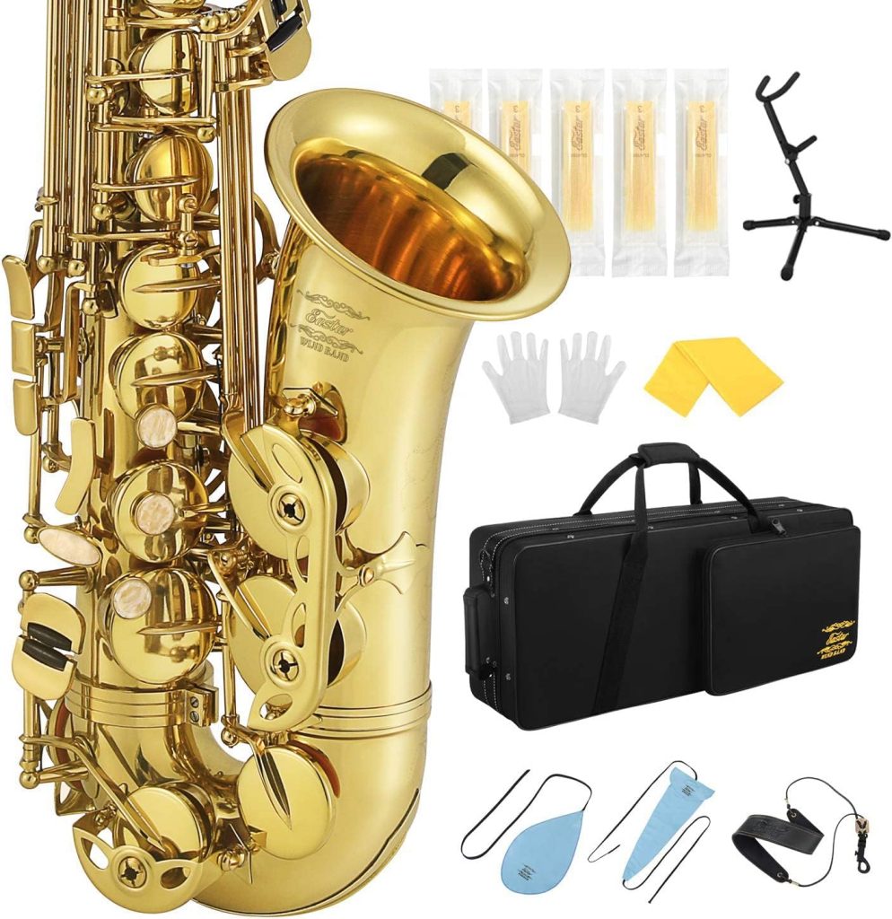 Eastar Professional Alto Saxophone E Flat Alto Saxophone Eb Saxophone Gold With Cleaning Cloth, Carrying Case, Mouthpiece, Neck Strap, Reeds and Stand, Alto Saxophone Full Kit, AS-Ⅲ