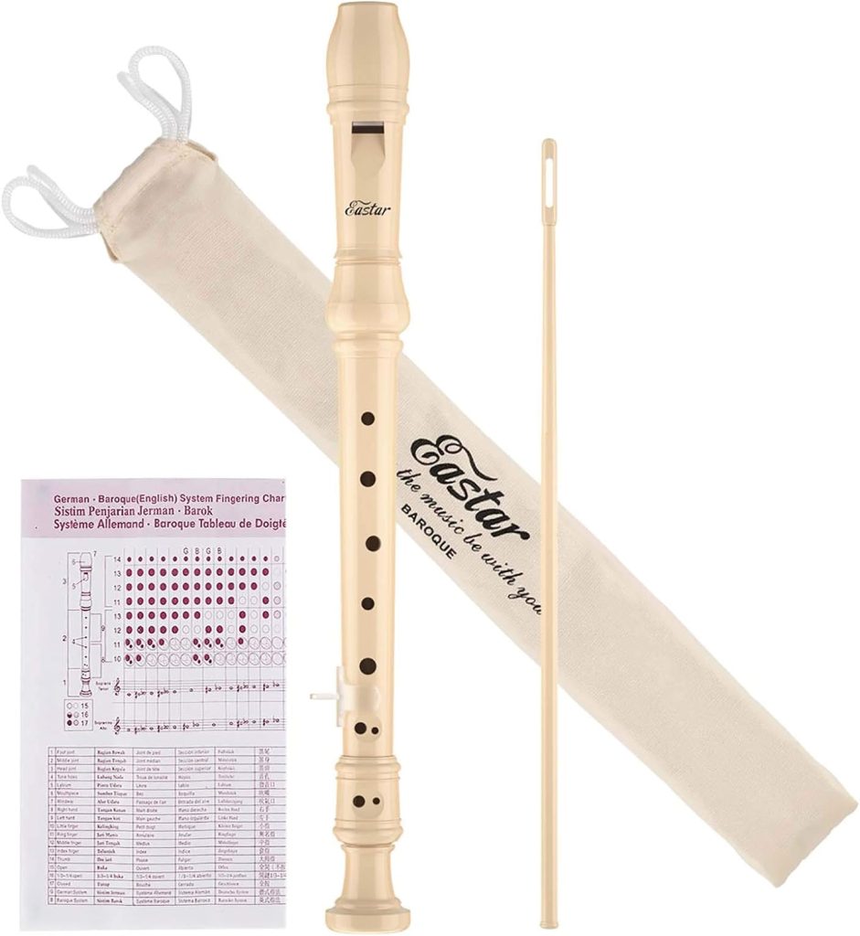 Eastar Soprano Recorder Instrument for Kids Beginner, Baroque Fingering C Key Recorder Instrument 3 Piece with Cleaning Kit, Thumb Rest, Cotton Bag, Fingering Chart, ERS-21BN, Natural, School-Approved
