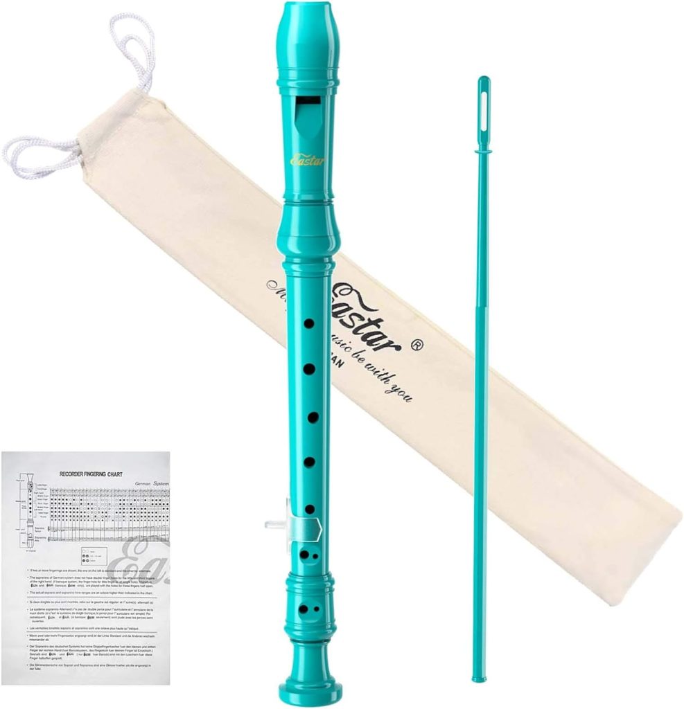 Eastar Soprano Recorder Instrument for Kids Beginner, German Fingering C Key Recorder Instrument 3Piece with Cleaning Kit, Thumb Rest, Cotton Bag, Fingering Chart, ERS-21GSB, Sky Blue, School-Approved