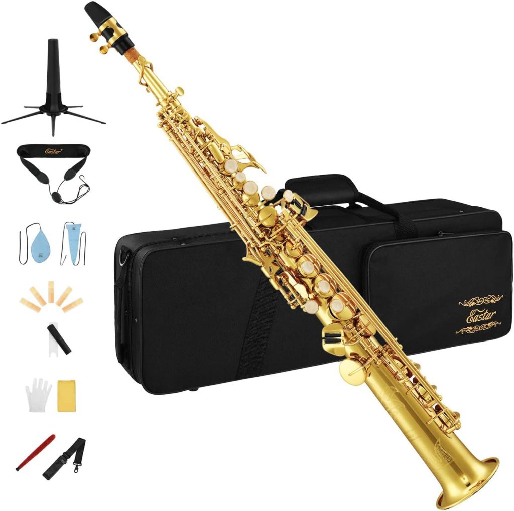 Eastar SS-Ⅱ Soprano Saxophone Bb Flat Sax for Student Beginner Professional, Cleaning Cloth, Carrying Case, Mouthpiece, Neck Strap, Reeds, Stand, Golden